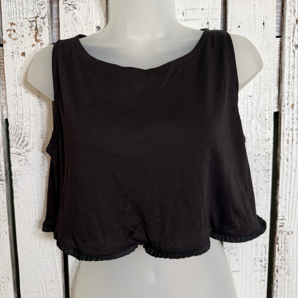 Vintage‎ 90s Prezzia Sportwear Crop Tank Top Black Women Sz Medium Ruffle Trim